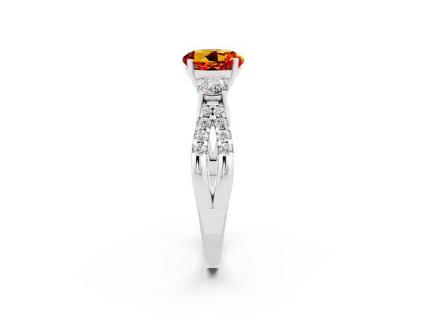 Platinum Round Cut Citrine Three-Stone Ring with Pavé Split Shank and Four-Prong Setting