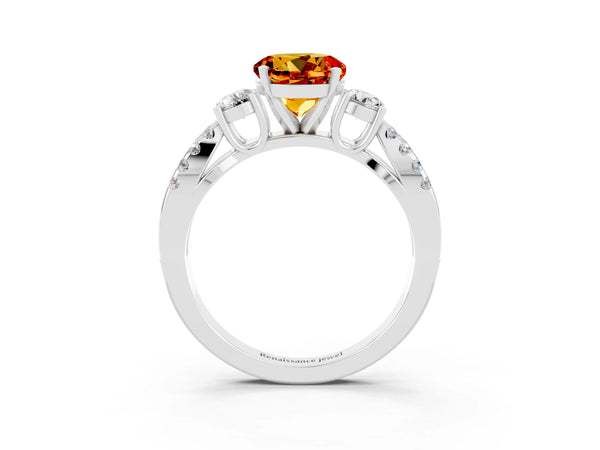 Silver Round Cut Citrine Three-Stone Ring with Pavé Split Shank and Four-Prong Setting