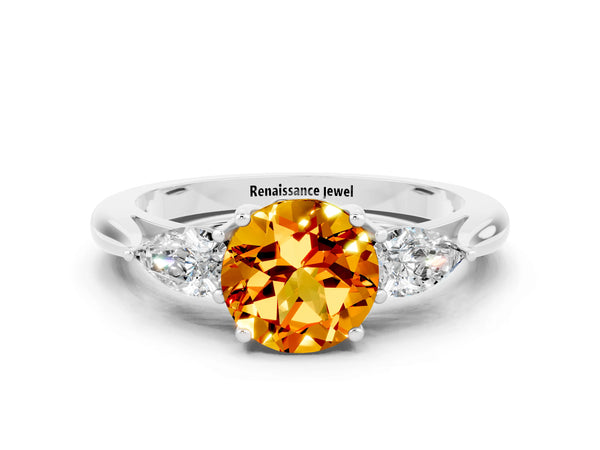 White gold Round Cut Citrine Three-Stone Ring with Pear  Side Stones and Prong Setting