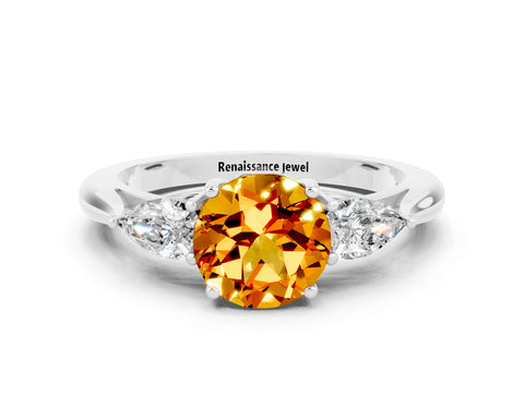 White gold Round Cut Citrine Three-Stone Ring with Pear Side Stones and Four-Prong Setting_12