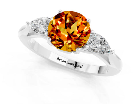 White gold Round Cut Citrine Three-Stone Ring with Pear Side Stones and Four-Prong Setting_13