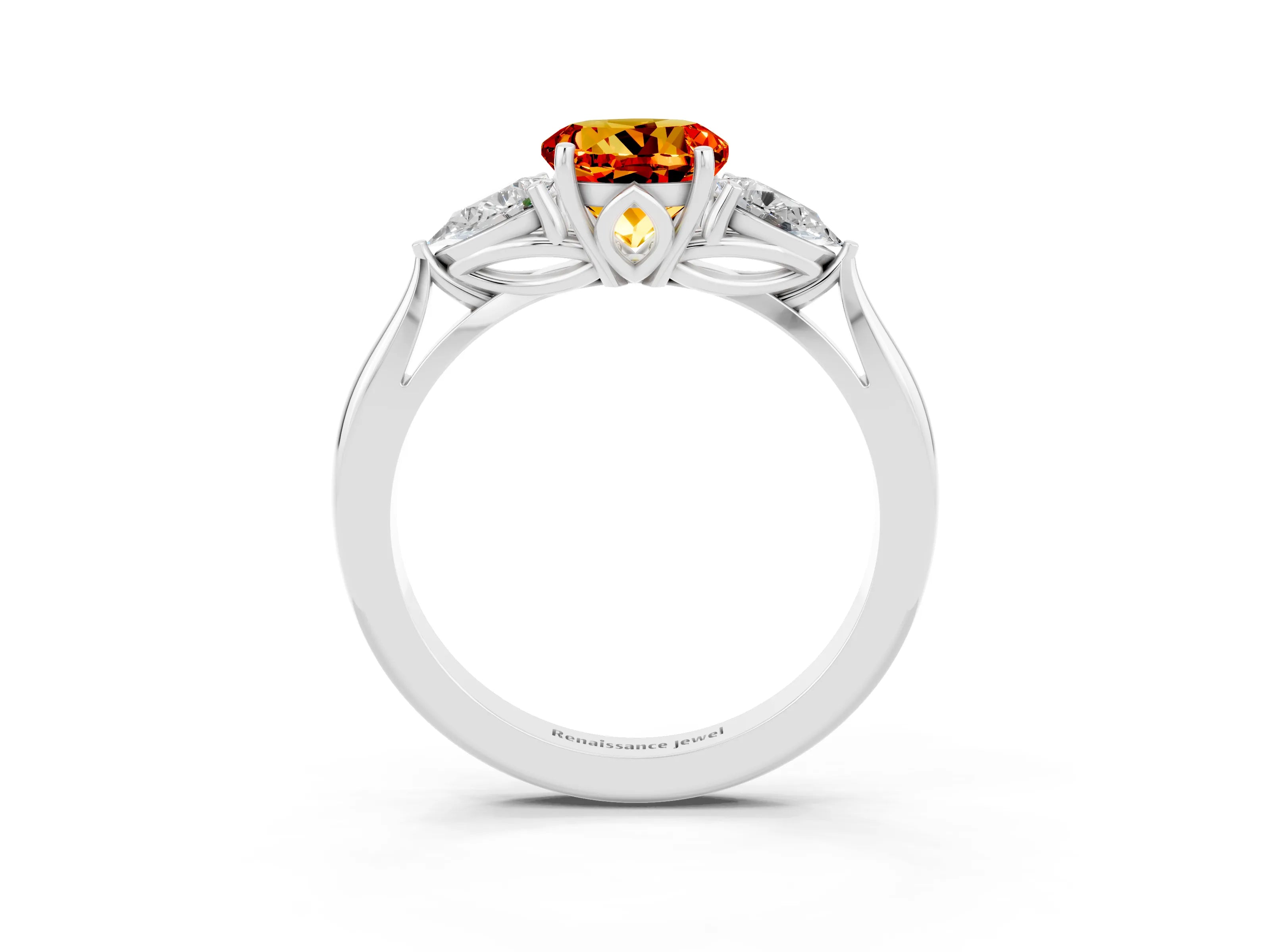 White gold Round Cut Citrine Three-Stone Ring with Pear Side Stones and Four-Prong Setting_15