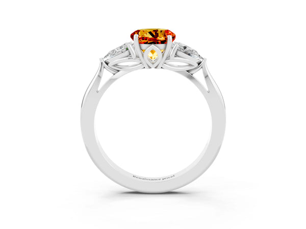 Platinum Round Cut Citrine Three-Stone Ring with Pear  Side Stones and Prong Setting