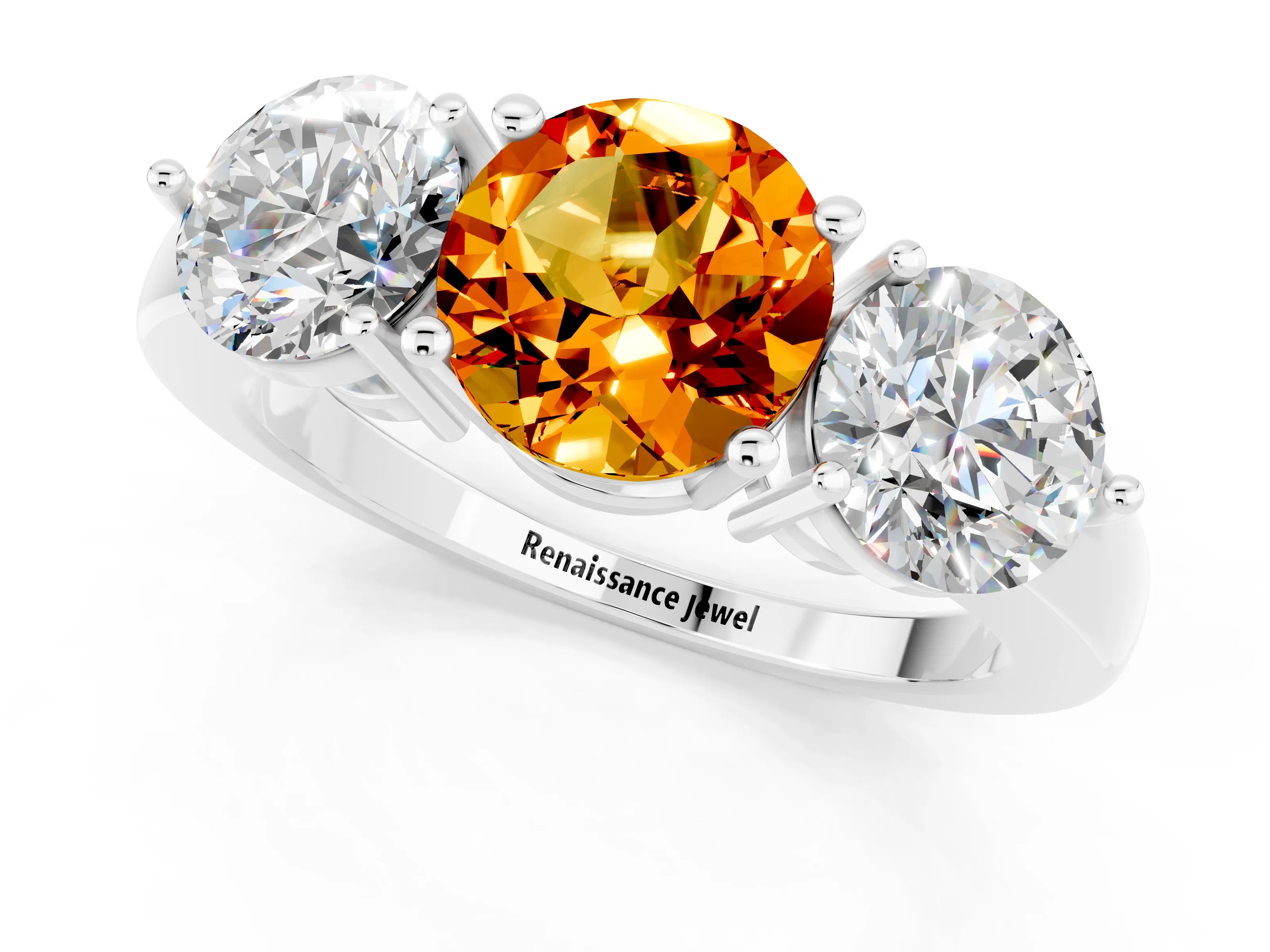 White gold Round Cut Citrine Three-Stone Ring with Prong Setting and Classic Band_1
