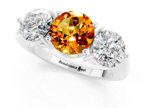 White gold Round Cut Citrine Three-Stone Ring with Prong Setting and Classic Band_1