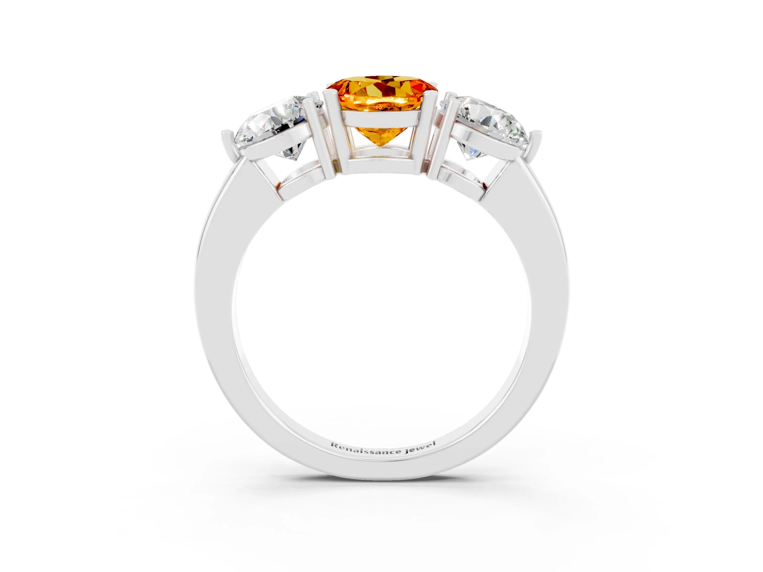 White gold Round Cut Citrine Three-Stone Ring with Prong Setting and Classic Band_3