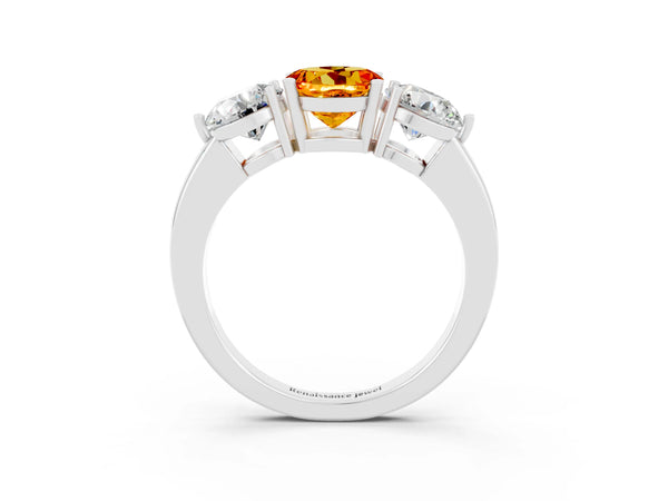 White gold Round Cut Citrine Three-Stone Ring with Prong Setting and Classic Band