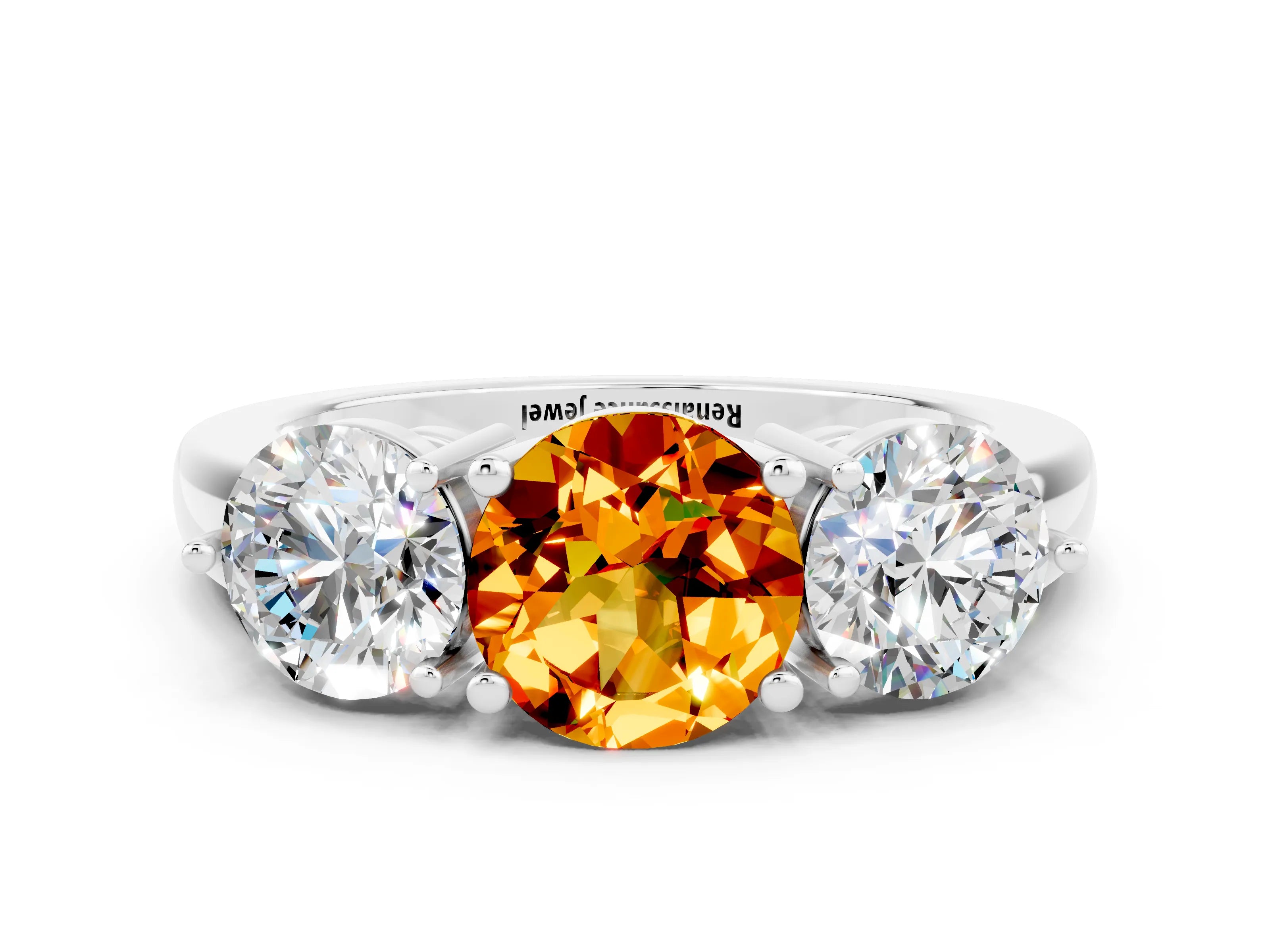 White gold Round Cut Citrine Three-Stone Ring with Prong Setting and Classic Band