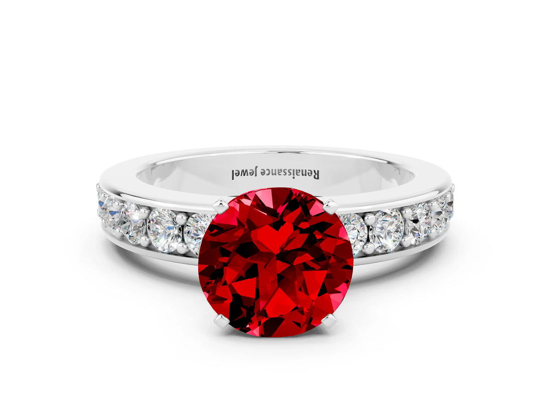 White gold Round Cut Cut Channel Set Diamond Engagement Ring with Four-Prong Setting