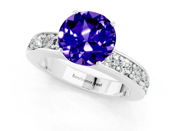 Silver Round Cut Tanzanite Engagement Ring with Channel Set Round Band and Prong Setting