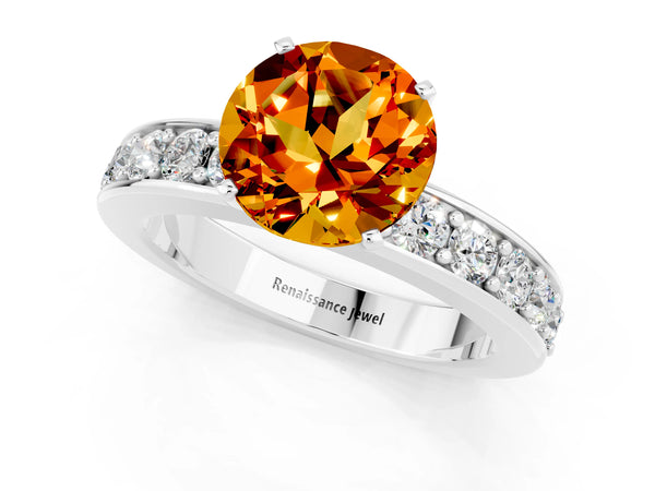 Platinum Round Cut Citrine Engagement Ring with Channel Set Round Band and Prong Setting