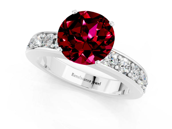 Silver Round Cut Garnet Engagement Ring with Channel Set Round Band and Prong Setting