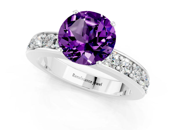 White gold Round Cut Amethyst Engagement Ring with Channel Set Round Band and Prong Setting