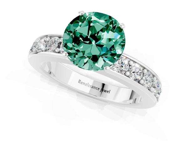 Silver Round Cut Green Sapphire Engagement Ring with Channel Set Round Band and Prong Setting