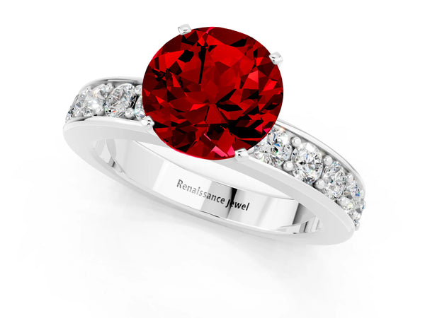White gold Round Cut Ruby Engagement Ring with Channel Set Round Band and Prong Setting