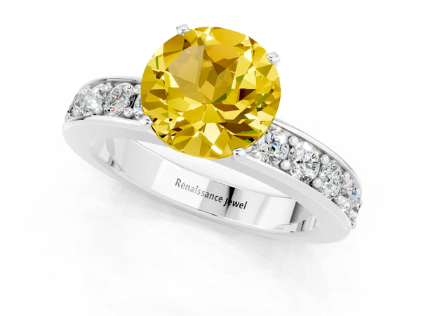 White gold Round Cut Yellow Sapphire Engagement Ring with Channel Set Round Band and Prong Setting