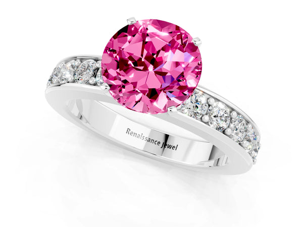 Silver Round Cut Pink Sapphire Engagement Ring with Channel Set Round Band and Prong Setting