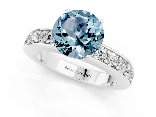 White gold Round Cut Aquamarine Engagement Ring with Channel Set Round Band and Prong Setting