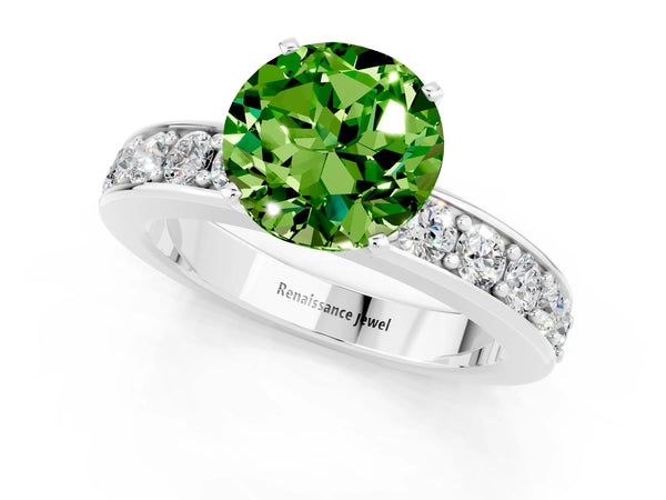 White gold Round Cut Peridot Engagement Ring with Channel Set Round Band and Prong Setting