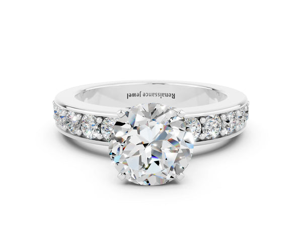 Platinum Round Cut Moissanite Engagement Ring with Channel Set Round Band and Prong Setting