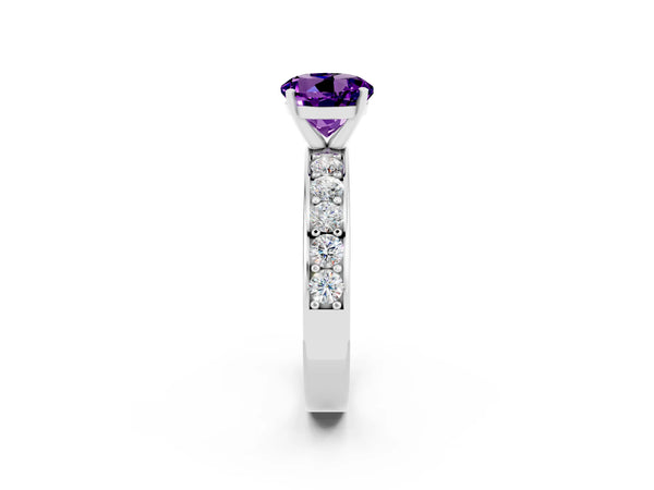 Silver Round Cut Amethyst Engagement Ring with Channel Set Round Band and Prong Setting
