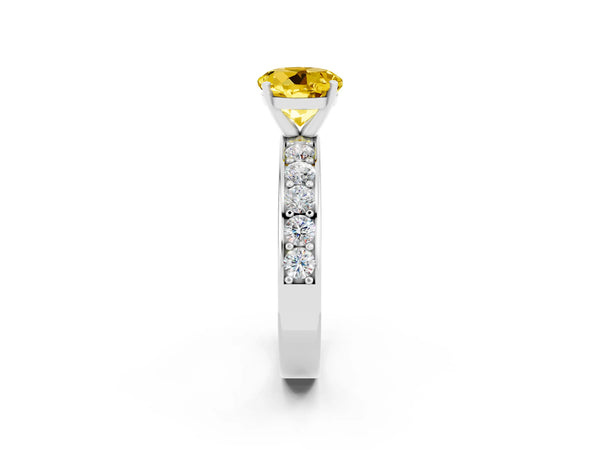 Silver Round Cut Yellow Sapphire Engagement Ring with Channel Set Round Band and Prong Setting