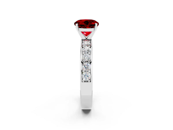 Platinum Round Cut Ruby Engagement Ring with Channel Set Round Band and Prong Setting