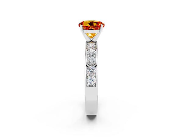 White gold Round Cut Citrine Engagement Ring with Channel Set Round Band and Prong Setting