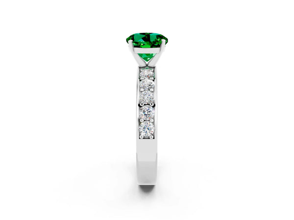 White gold Round Cut Emerald Engagement Ring with Channel Set Round Band and Prong Setting