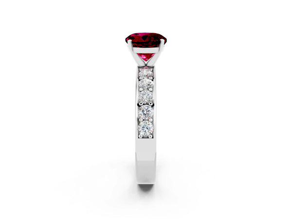 White gold Round Cut Garnet Engagement Ring with Channel Set Round Band and Prong Setting
