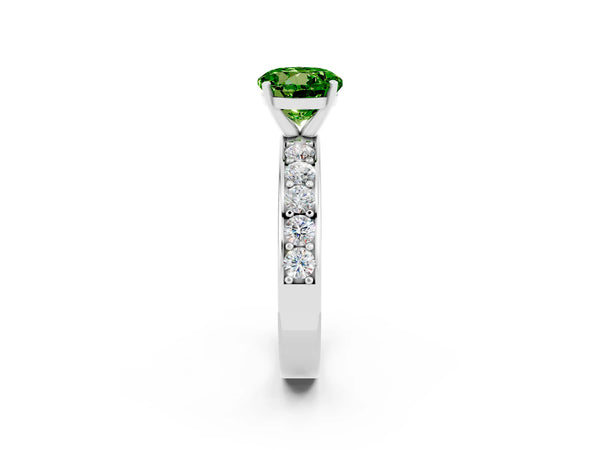 Platinum Round Cut Peridot Engagement Ring with Channel Set Round Band and Prong Setting