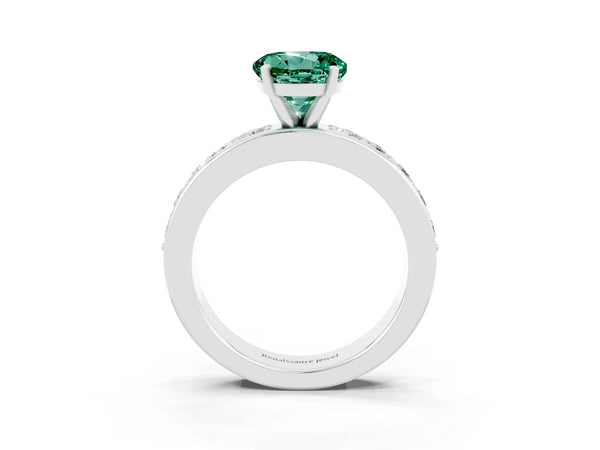 Platinum Round Cut Green Sapphire Engagement Ring with Channel Set Round Band and Prong Setting