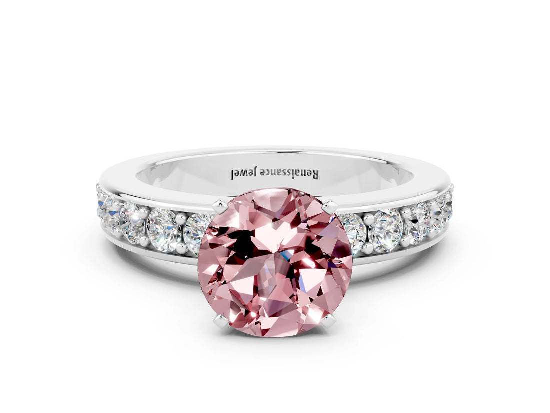 White gold Round Cut Cut Channel Set Diamond Engagement Ring with Four-Prong Setting