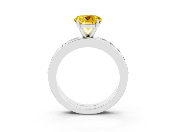 White gold Round Cut Yellow Sapphire Engagement Ring with Channel Set Round Band and Prong Setting