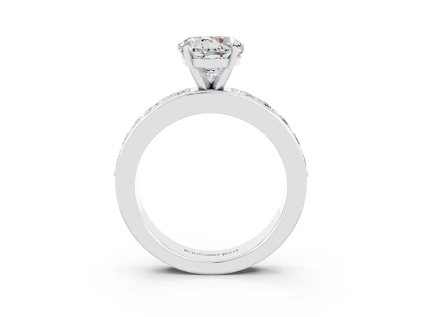 Platinum Round Cut Moissanite Engagement Ring with Channel Set Round Band and Prong Setting