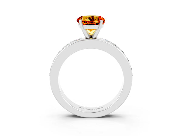 Platinum Round Cut Citrine Engagement Ring with Channel Set Round Band and Prong Setting