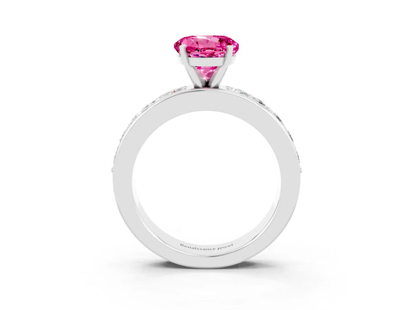 Silver Round Cut Pink Sapphire Engagement Ring with Channel Set Round Band and Prong Setting
