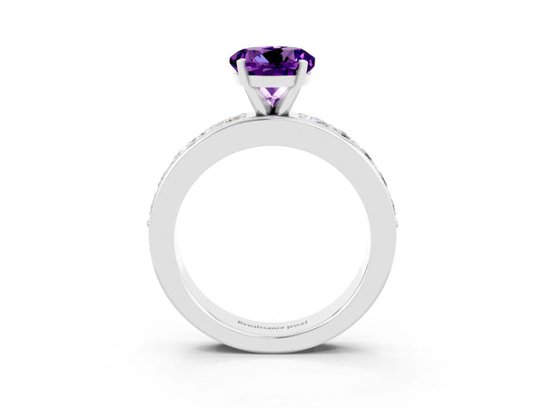 Platinum Round Cut Amethyst Engagement Ring with Channel Set Round Band and Prong Setting