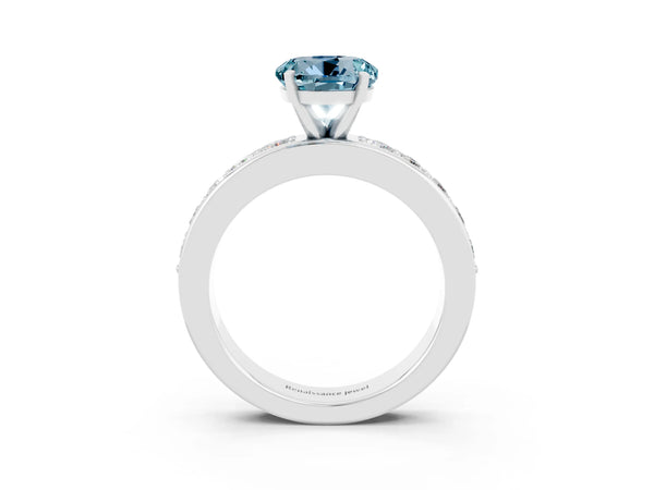 White gold Round Cut Aquamarine Engagement Ring with Channel Set Round Band and Prong Setting