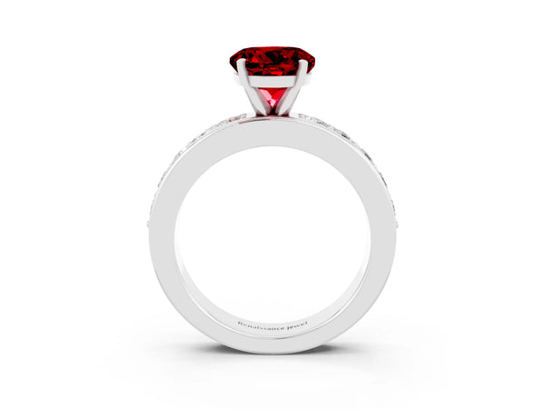 Silver Round Cut Ruby Engagement Ring with Channel Set Round Band and Prong Setting