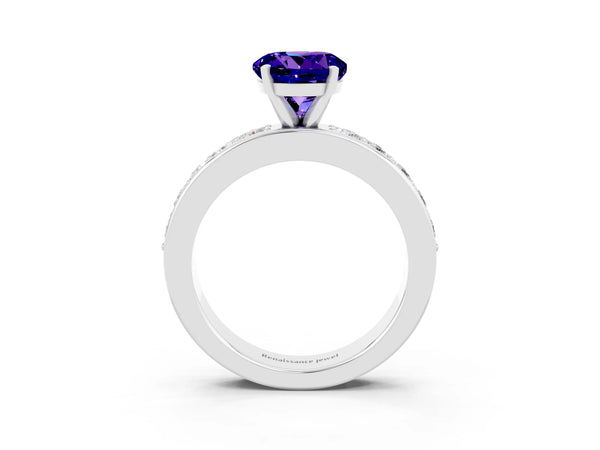Platinum Round Cut Tanzanite Engagement Ring with Channel Set Round Band and Prong Setting