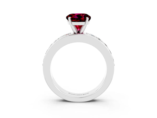 Silver Round Cut Garnet Engagement Ring with Channel Set Round Band and Prong Setting