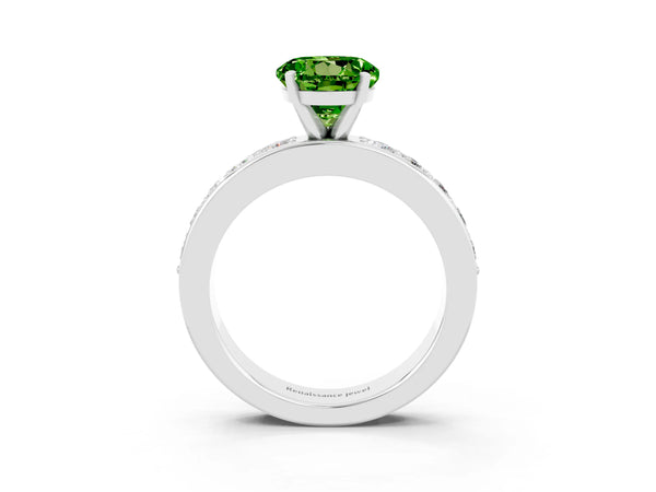 White gold Round Cut Peridot Engagement Ring with Channel Set Round Band and Prong Setting