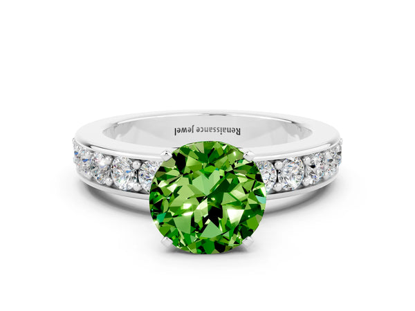 Platinum Round Cut Peridot Engagement Ring with Channel Set Round Band and Prong Setting