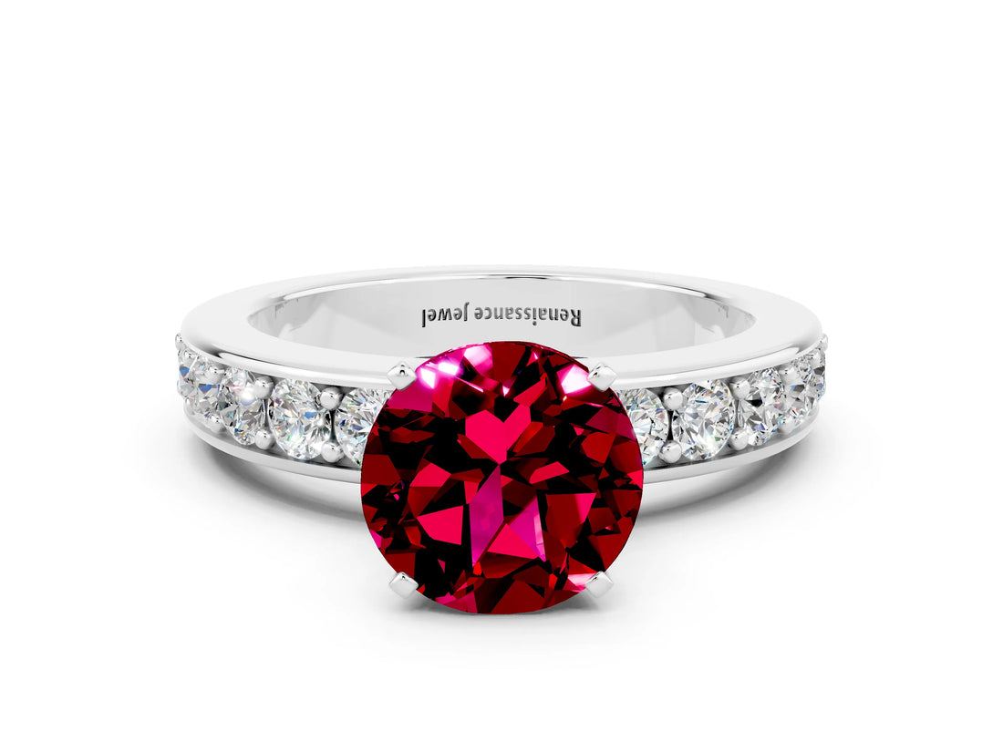 White gold Round Cut Cut Channel Set Diamond Engagement Ring with Four-Prong Setting