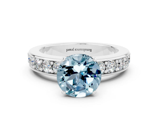 White gold Round Cut Aquamarine Engagement Ring with Channel Set Round Band and Prong Setting