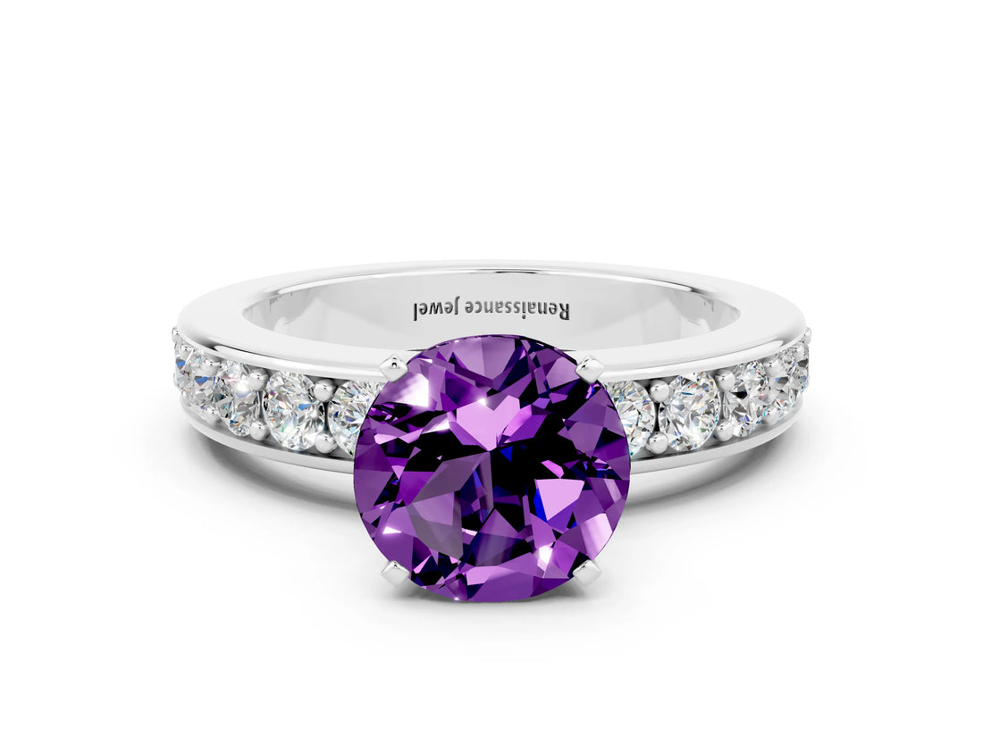White gold Round Cut Cut Channel Set Diamond Engagement Ring with Four-Prong Setting