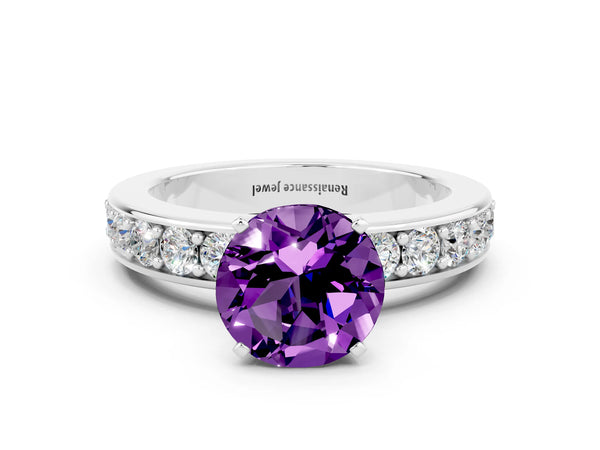 Silver Round Cut Amethyst Engagement Ring with Channel Set Round Band and Prong Setting
