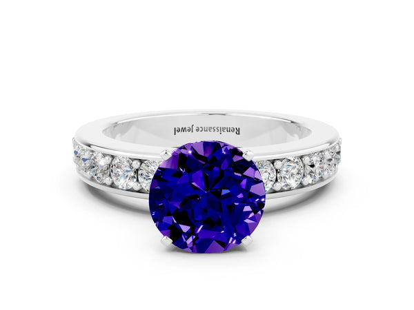 White gold Round Cut Tanzanite Engagement Ring with Channel Set Round Band and Prong Setting