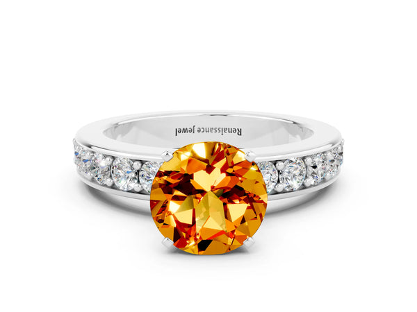 White gold Round Cut Citrine Engagement Ring with Channel Set Round Band and Prong Setting